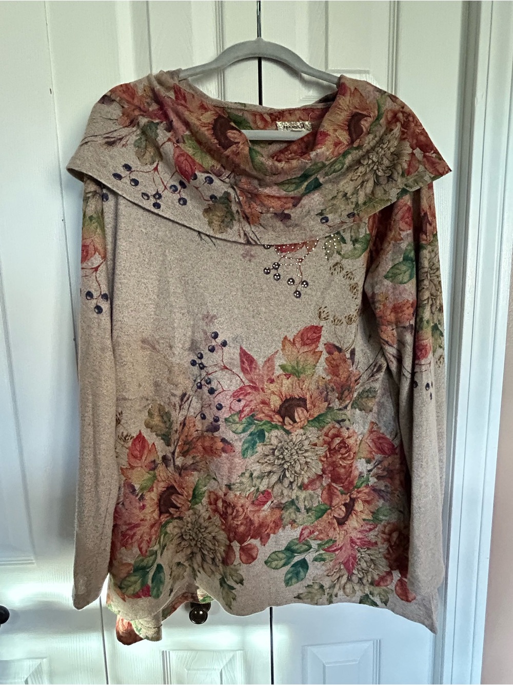 ONE WORLD Floral Cowl Neck Sweater in Beige with Autumn Blooms
